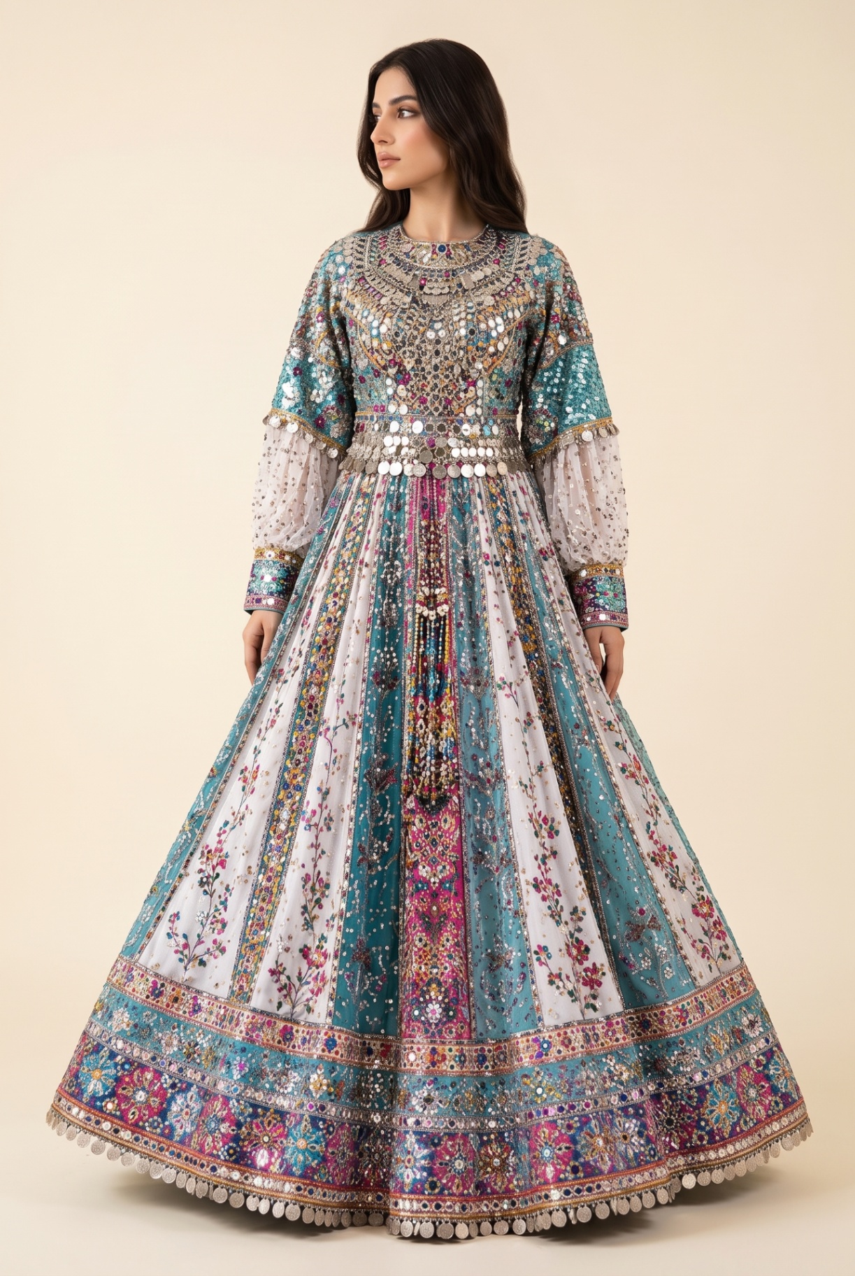 Gulrang turquoise and white panelled embroidered gown, front view