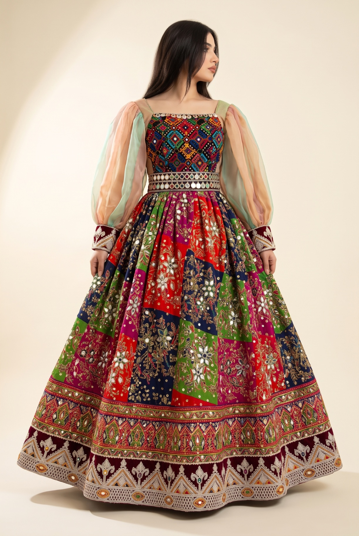 Rangina multicolour patchwork embroidered gown, front view