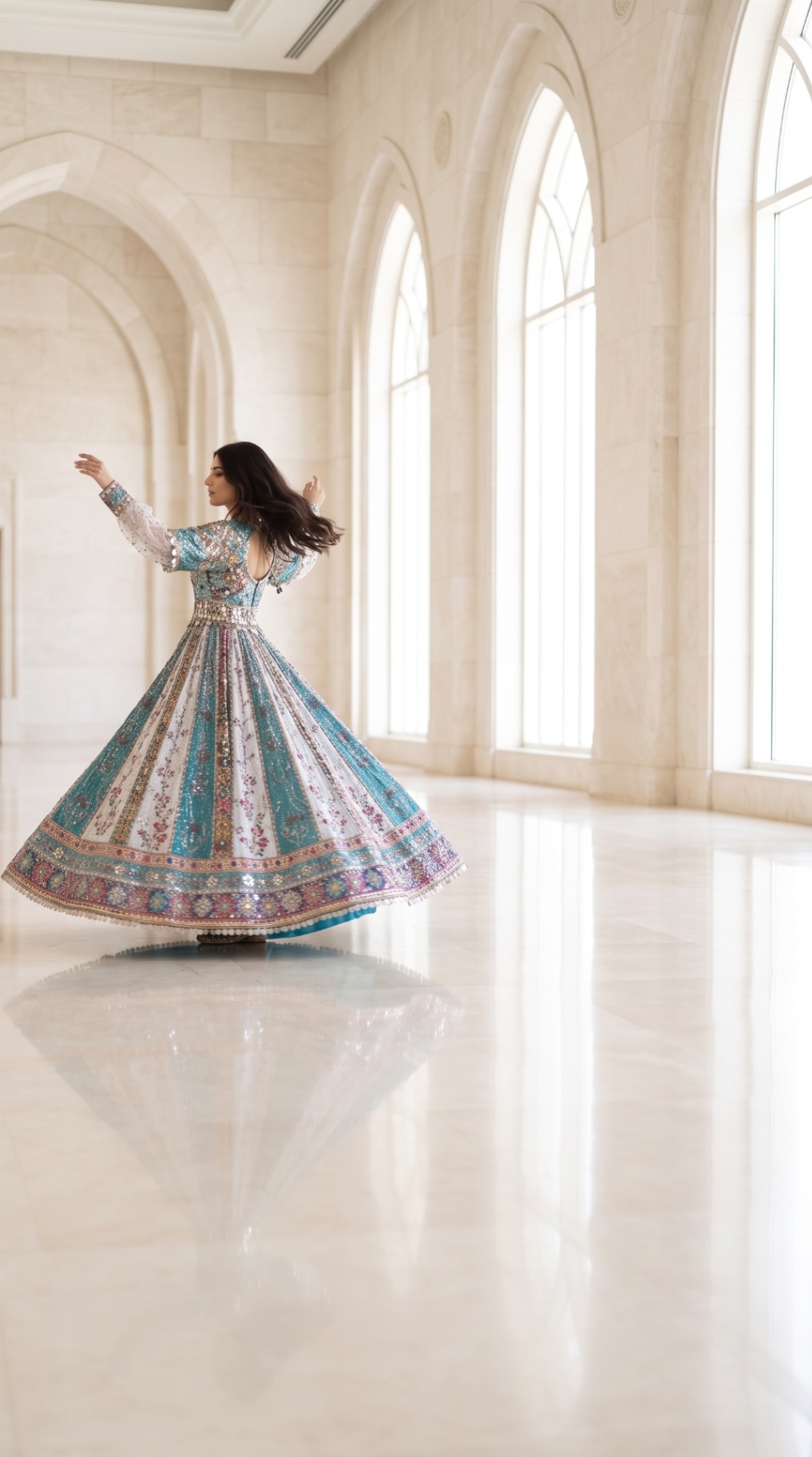 Gulrang gown mid-twirl in a bright marble hall with pale arches