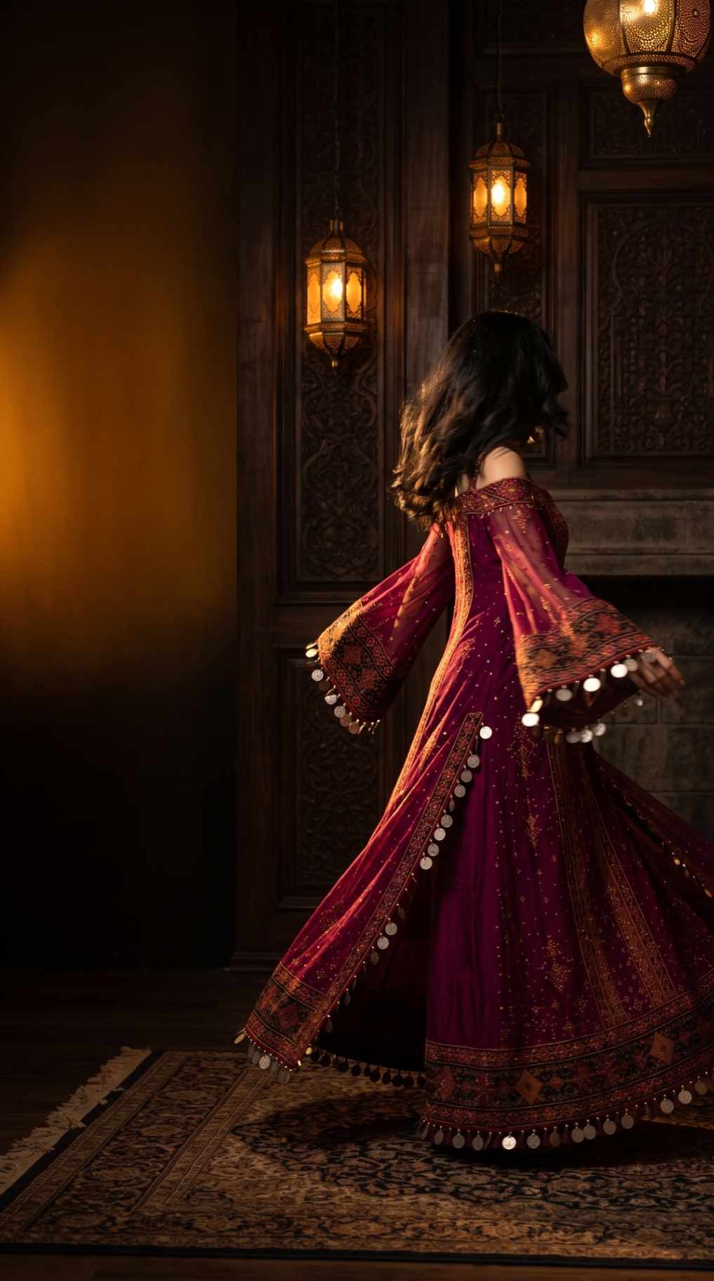 Sultana deep magenta gown in a candlelit palace room with hanging brass lanterns