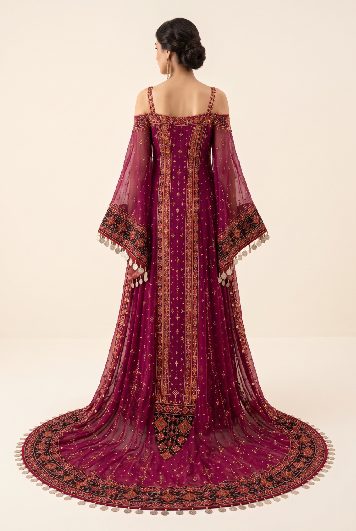 Sultana deep magenta chiffon gown with sweeping embroidered train, back view