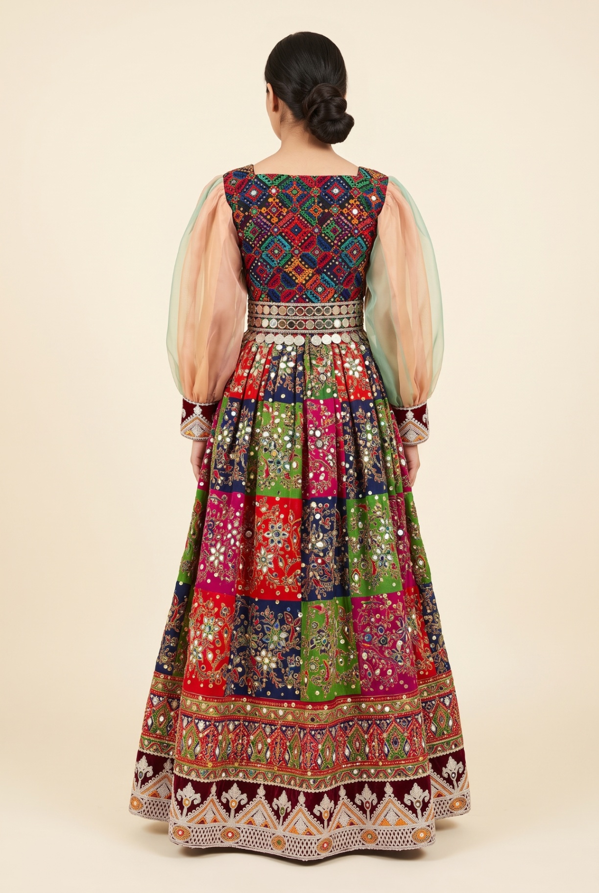 Rangina multicolour patchwork embroidered gown, back view