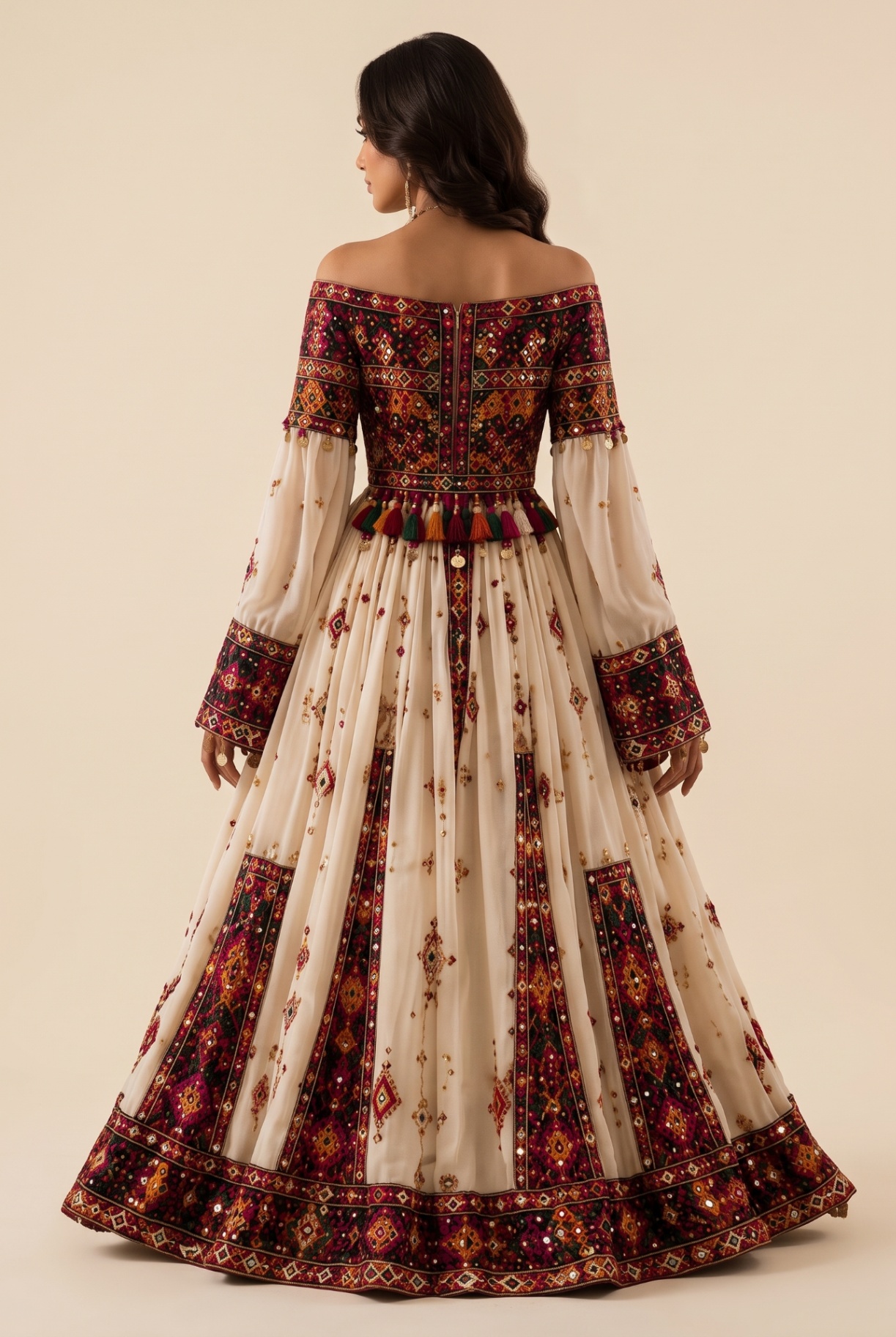 Shahdokht ivory gown, back view showing embroidered panels and coin cuffs