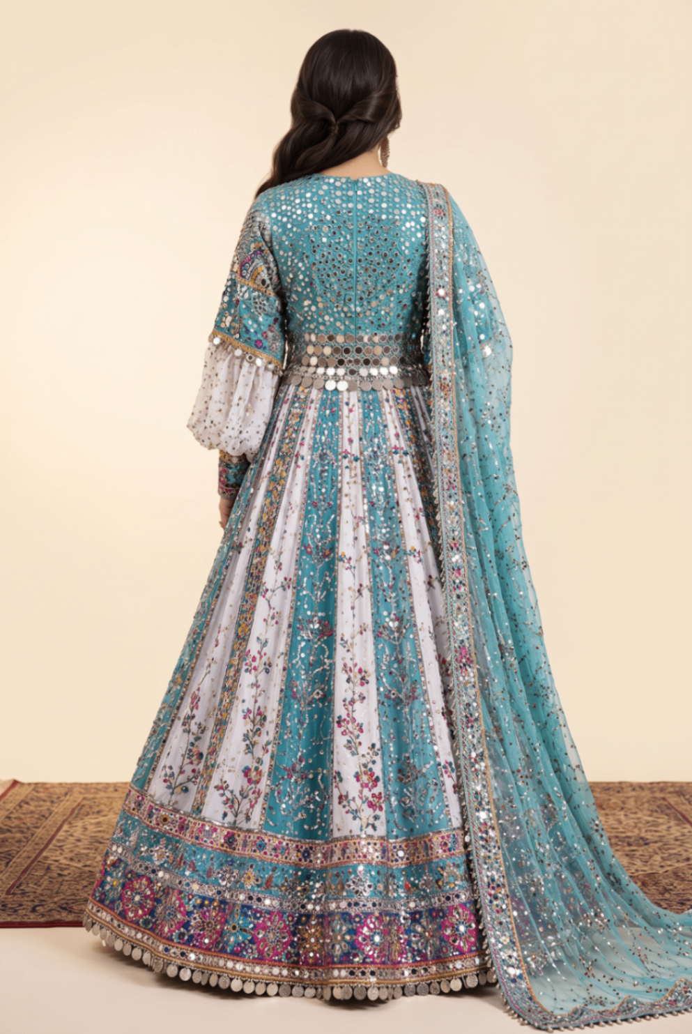Gulrang turquoise and white panelled embroidered gown with dupatta, back view
