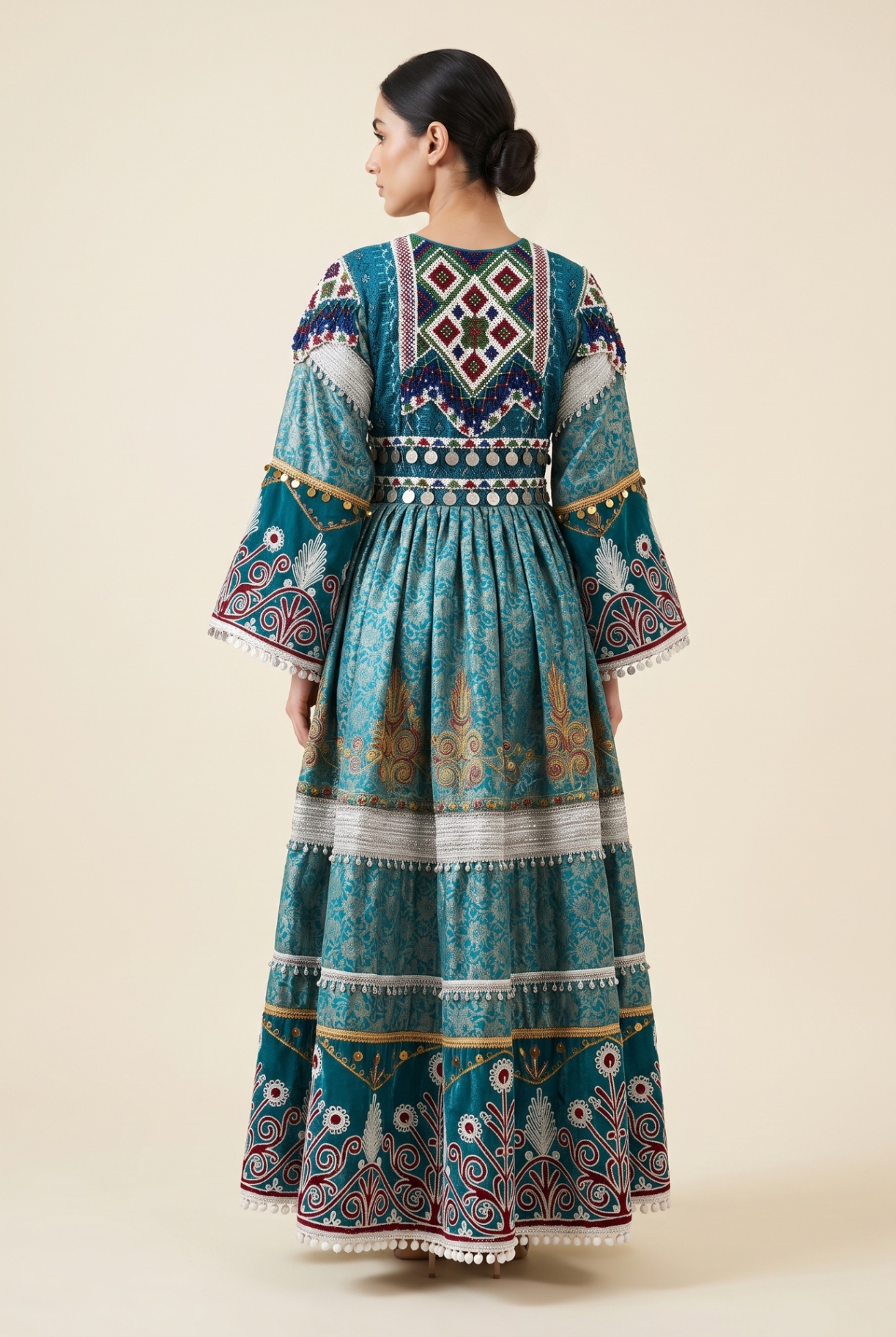Firoza turquoise kuchi dress with embroidered back panel